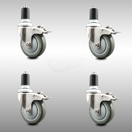 Service Caster 4 Inch 316SS Gray Poly Swivel 1-1/2 Inch Expanding Stem Caster Set Lock Brake SCC-SS316TTLEX20S414-PPUB-112-4